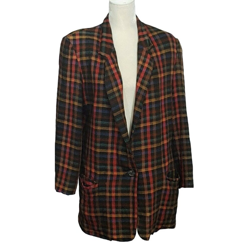 Vintage Womens M Plaid Check Silk Blend Blazer‎ Jacket Lined One Button Pockets